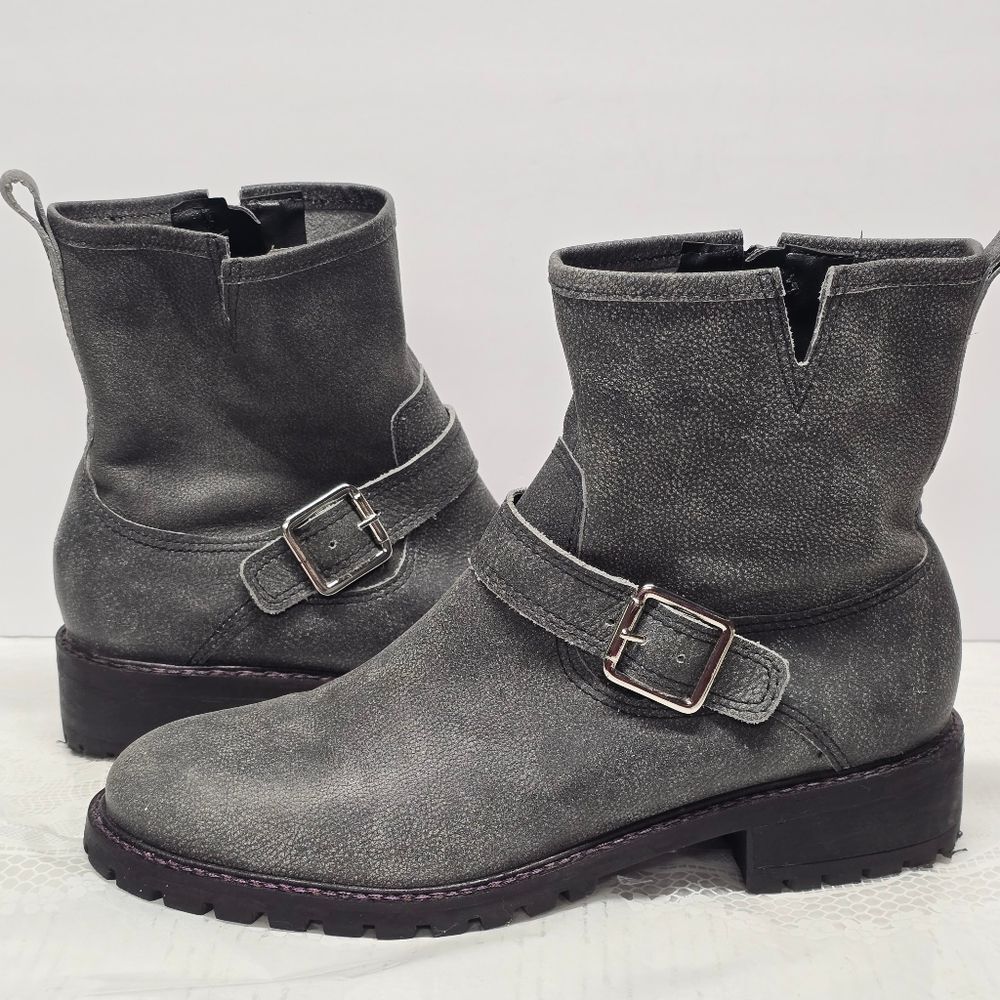 Lucky Brand Kenadie Charcoal Grey Genuine Leather Moto Boots Womens Size 9.5